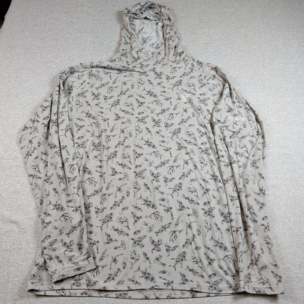 Columbia PFG Mens 2XL Tall 2XT Fishing Hoodie Omni Wick Lure Fish Print Gray
